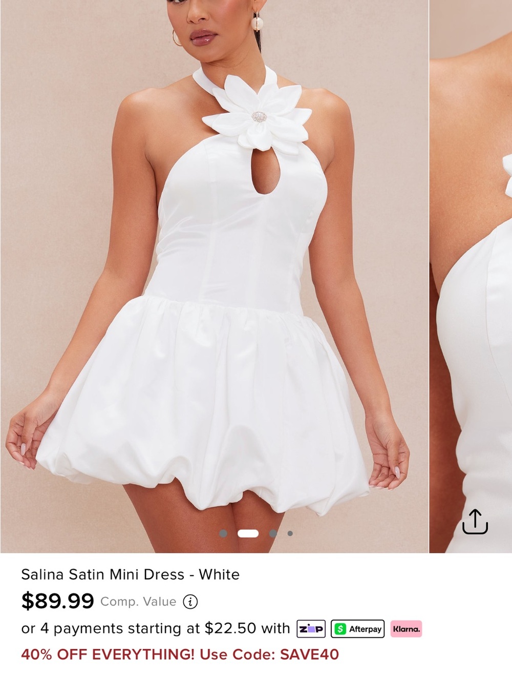 Fashion Nova White Satin Halter Mini Dress with Floral Accent